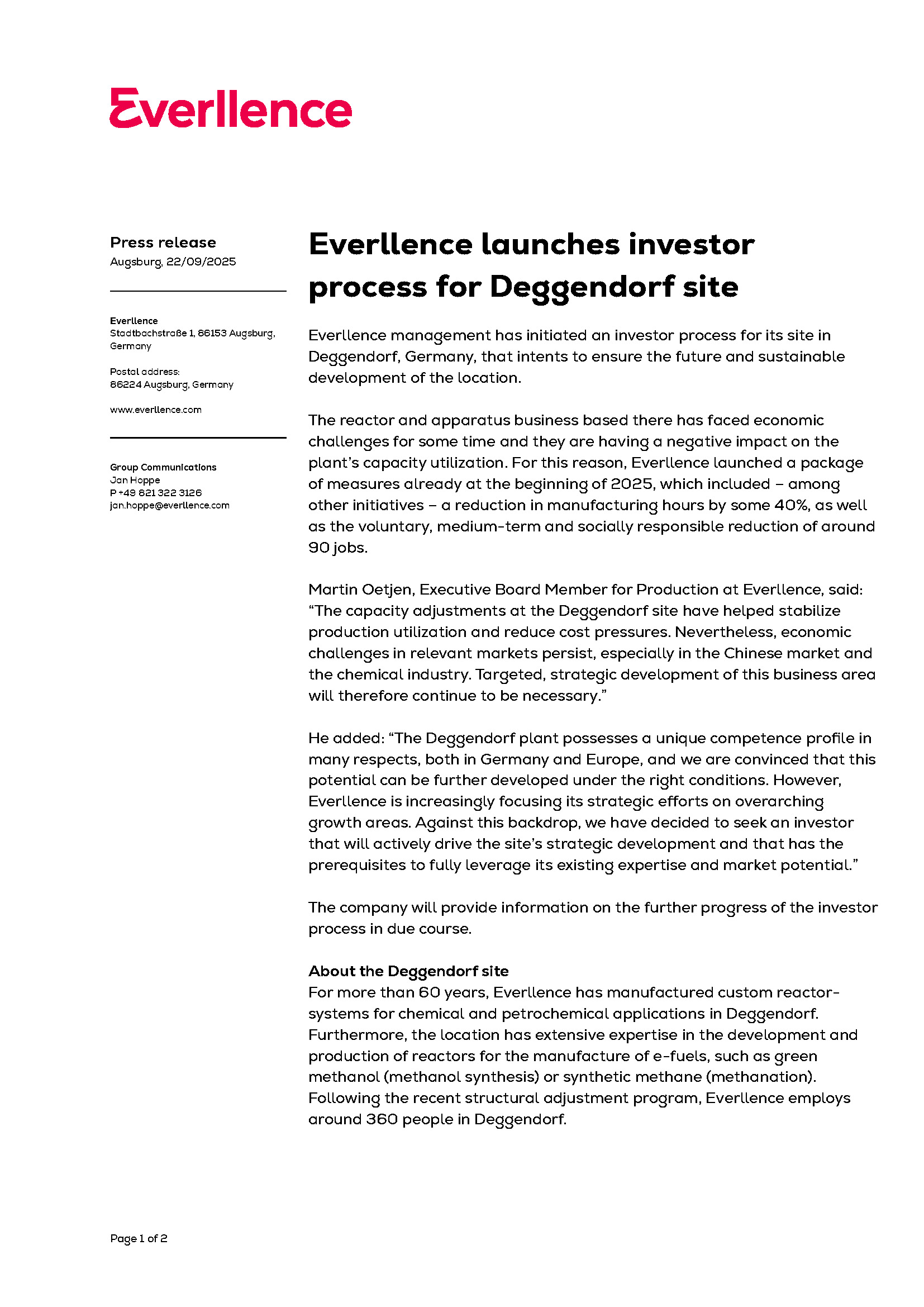 Everllence launches investor process for Deggendorf site